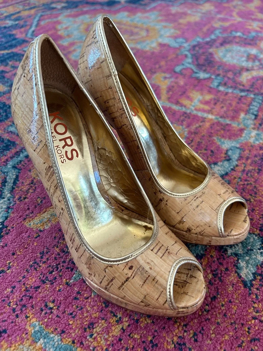 Michael Kors | Women’s Tan Cork Peep-Toe Pumps in Natural W/Gold Lining Size 8.5